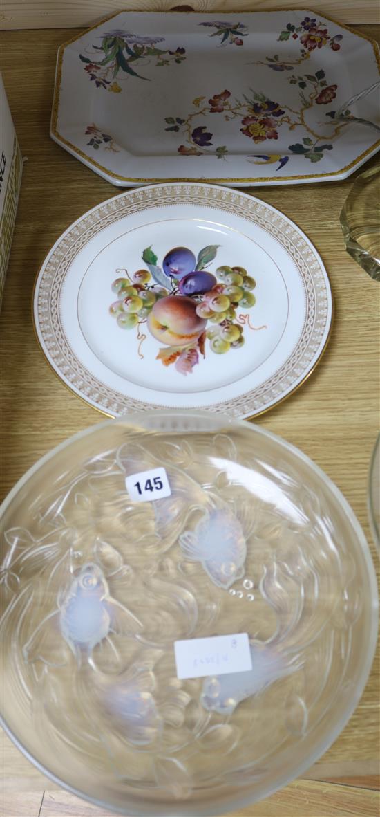 A Lalique style opalescent dish and a Wedgwood dish and a Dresden plate Lalique bowl diameter 26.5cm